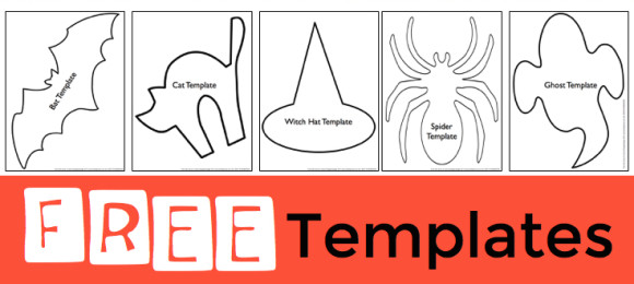 Free halloween templates of a bat, ghost, witch hat, cat, and spider.