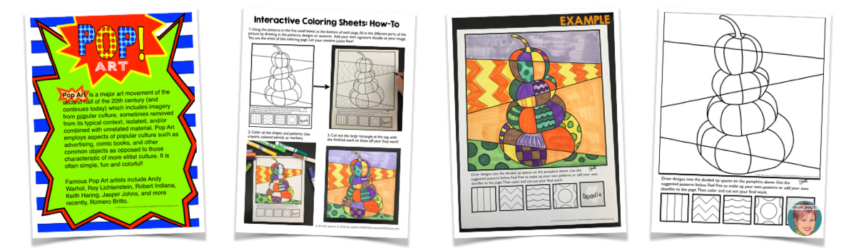 FREE pop art interactive coloring page of stacked pumpkins from Art with Jenny K.