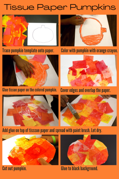 13 Halloween Art Lessons for Kids: Making tissue paper pumpkins. 