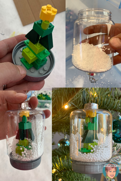 DIY Christmas Ornament Ideas for Kids from Art with Jenny K. LEGO snow globe Christmas ornaments.