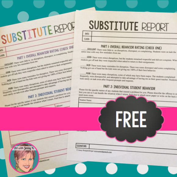 Free substitute report from Art with Jenny K. Emergency Sub Binder