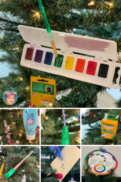Christmas tree ornaments made from art supplies