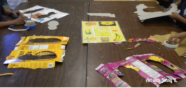 Earth day art: Cereal Box shoes. Kids design their own shoes using cereal boxes. Reuse a common material and see how they respond! 
