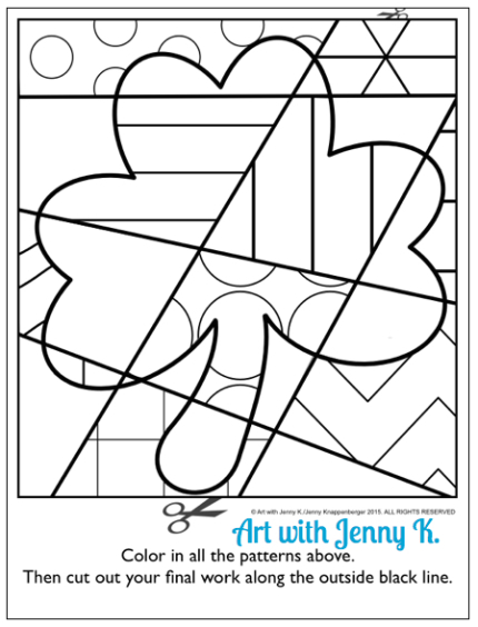 FREE pattern filled shamrock coloring sheet from art with Jenny K. Great for your March art activities! 