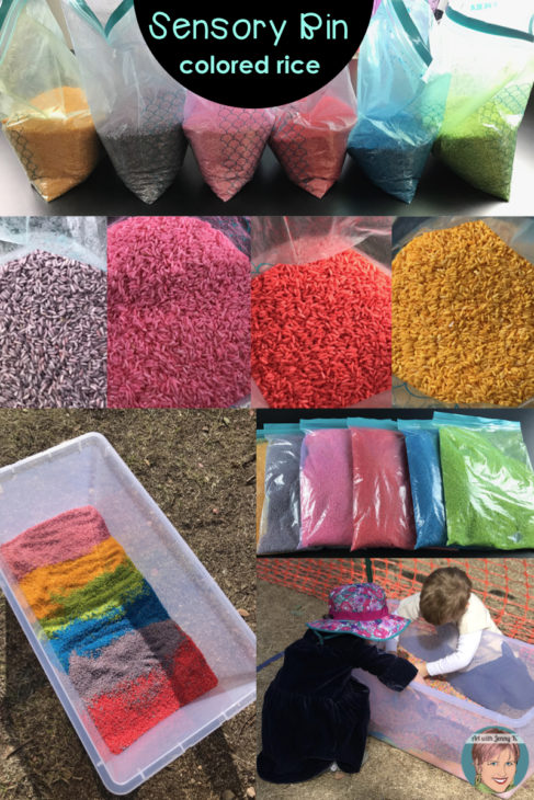 5 Preschool Activities for a school fundraiser event. Sensory bin - colored rice.