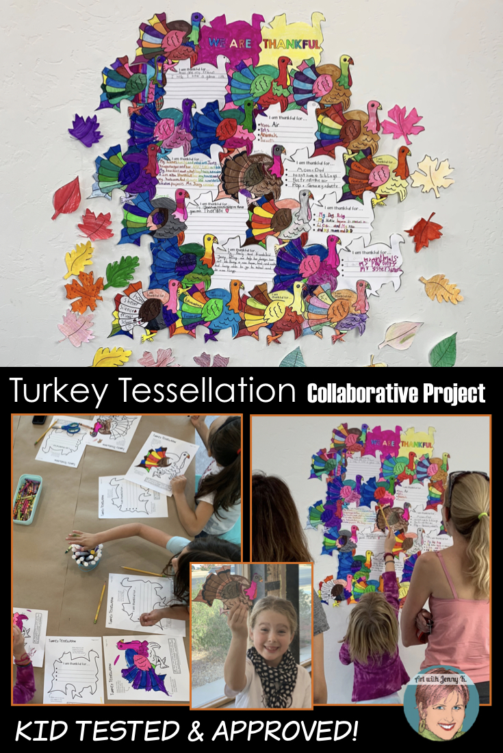 Tessellated turkeys Collaborative "I am thankful for" Project from Art with Jenny K. 10 Easy and fun Thanksgiving activities for kids - going beyond turkey hands!